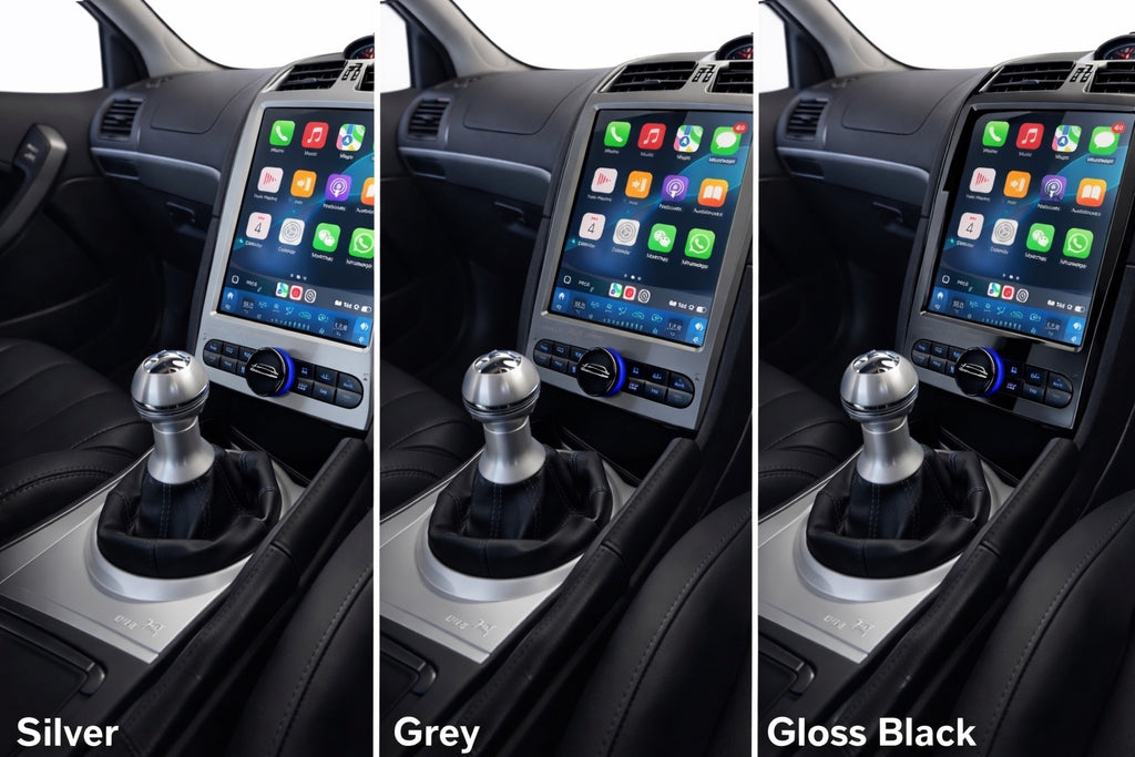 GENOVA Ford Falcon BA BF 9.6 inch fascia installed angle – grey finish shown in centre