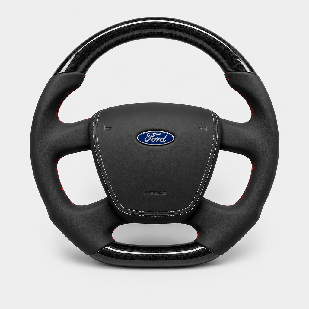 GENOVA Ford Territory SZ premium steering wheel and custom outer centre cover set black carbon fibre with red stitching