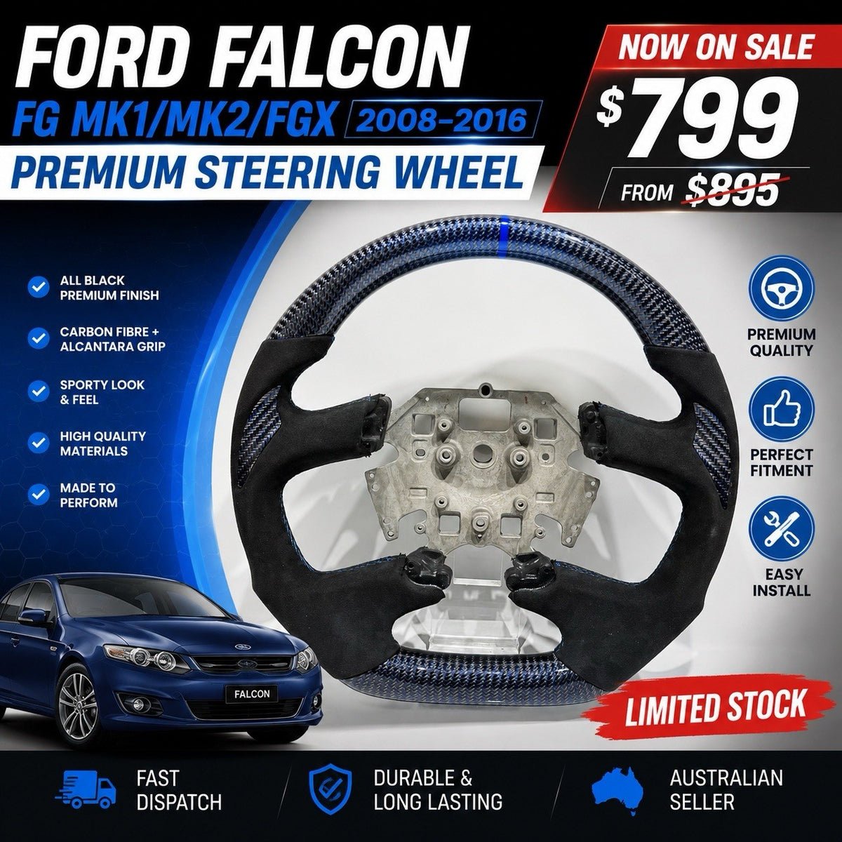 Ford Territory SZ Alcantara steering wheel, angled view showing carbon fibre sections
