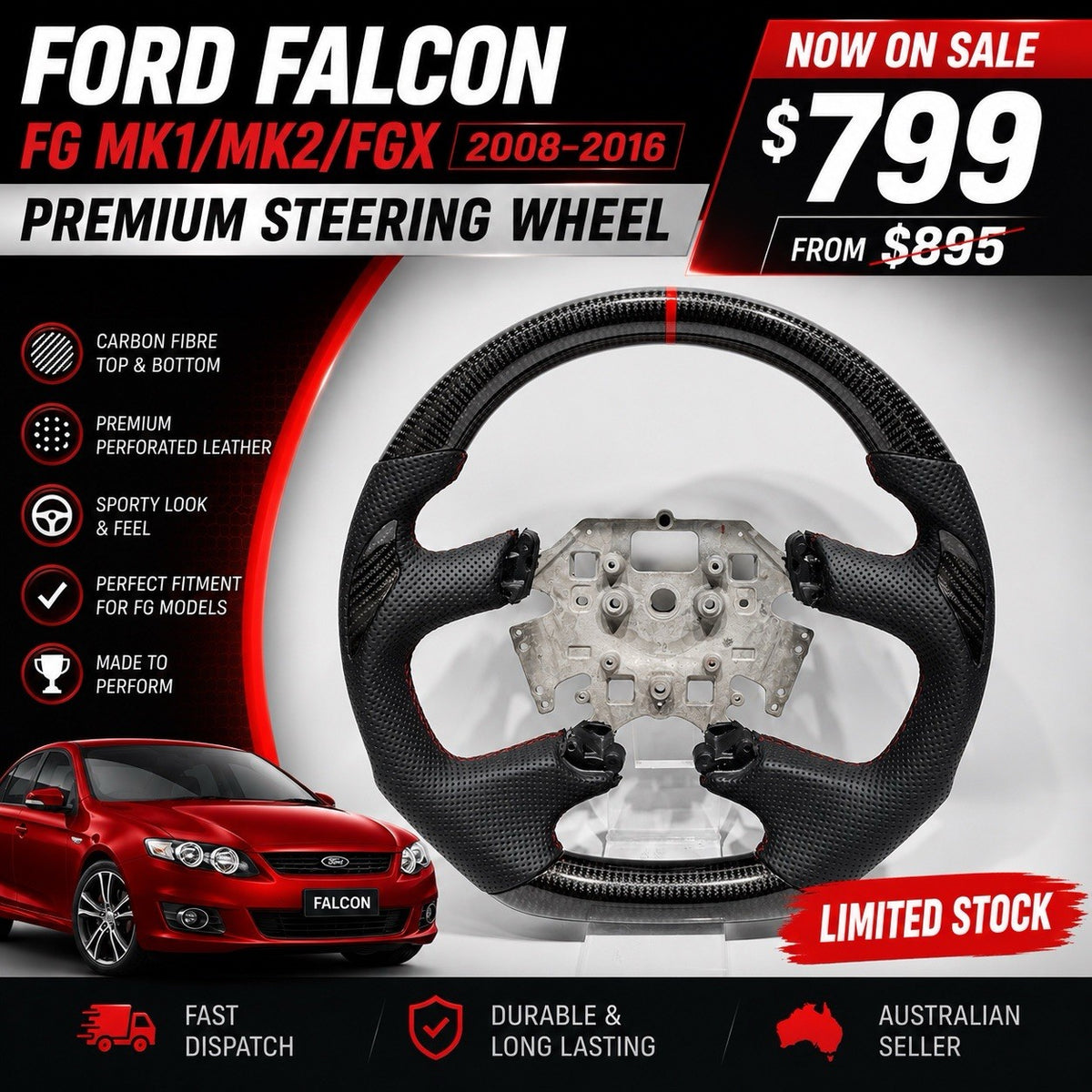 Thumb grip steering wheel for Ford Falcon FG and FGX, angled view showing carbon fibre rim sections