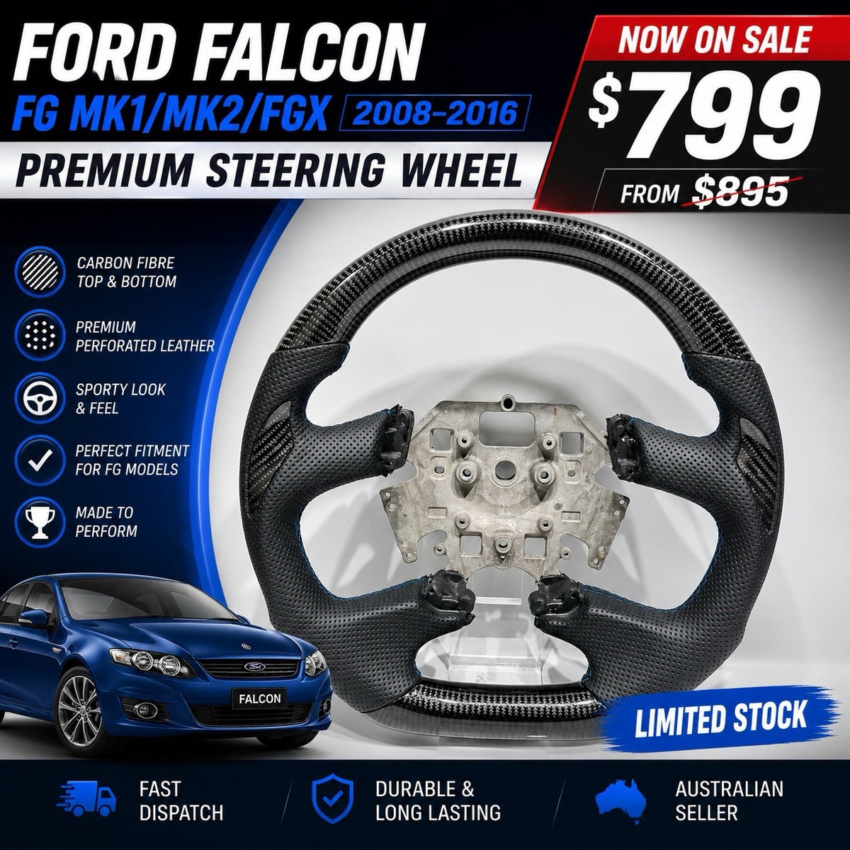 Ford Falcon FG FGX all black steering wheel, angled view showing carbon fibre rim
